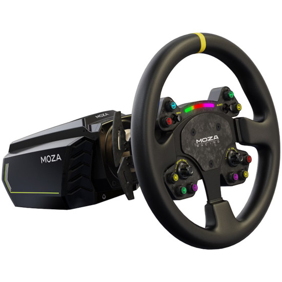 MOZA RS V2 RS25 PC Sim Racing Steering Wheel MOZA RS V2 RS25 round sim racing steering wheel with Nappa leather grip, carbon fibre magnetic paddle shifters, and RGB rev indicator, open view