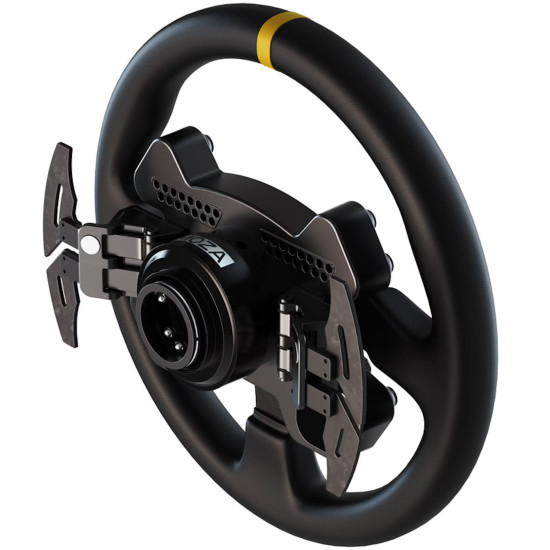 MOZA RS V2 RS25 PC Sim Racing Steering Wheel MOZA RS V2 RS25 round sim racing steering wheel with Nappa leather grip, carbon fibre magnetic paddle shifters, and RGB rev indicator, open view