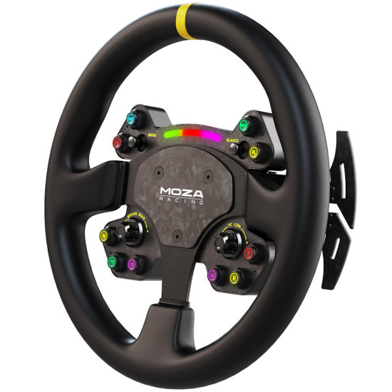 MOZA RS V2 RS25 PC Sim Racing Steering Wheel MOZA RS V2 RS25 round sim racing steering wheel with Nappa leather grip, carbon fibre magnetic paddle shifters, and RGB rev indicator, open view