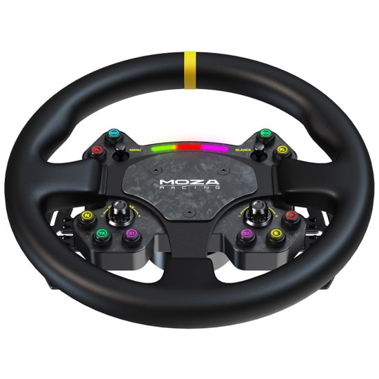MOZA RS V2 RS25 PC Sim Racing Steering Wheel MOZA RS V2 RS25 round sim racing steering wheel with Nappa leather grip, carbon fibre magnetic paddle shifters, and RGB rev indicator, open view