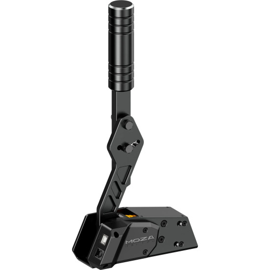 MOZA HBP RS31 sim racing handbrake in anodised aluminium with adjustable handle, shown mounted vertically