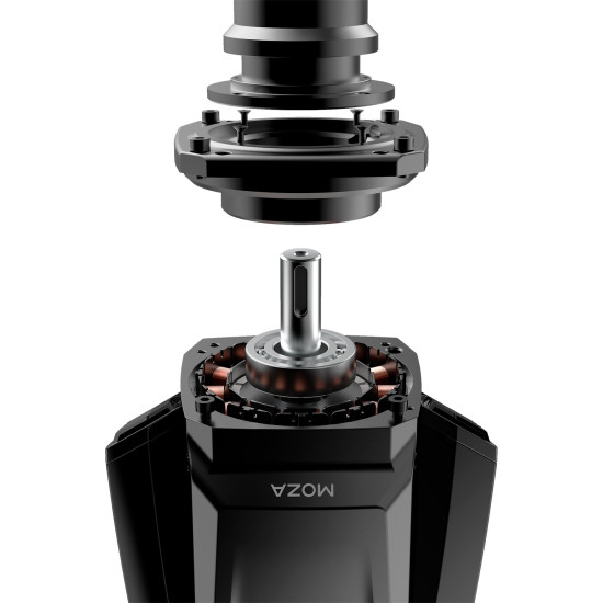 MOZA R16 RS031 wheelbase in two-tone aluminium alloy finish, front-facing view showing motor housing and mounting plate