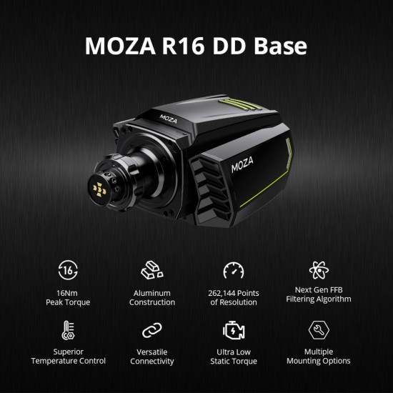 MOZA R16 RS031 wheelbase in two-tone aluminium alloy finish, front-facing view showing motor housing and mounting plate