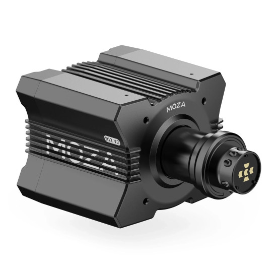 MOZA R12 V2 RS081 Direct Drive Wheelbase 12 Nm MOZA R12 V2 RS081 direct drive wheelbase in black aluminium housing with ribbed cooling fins, front view
