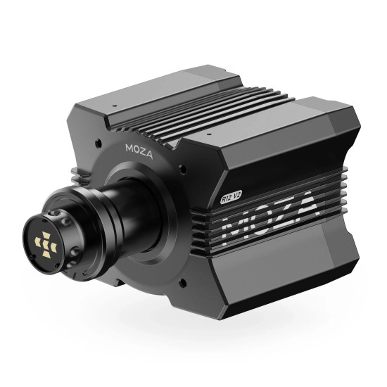 MOZA R12 V2 RS081 Direct Drive Wheelbase 12 Nm MOZA R12 V2 RS081 direct drive wheelbase in black aluminium housing with ribbed cooling fins, front view