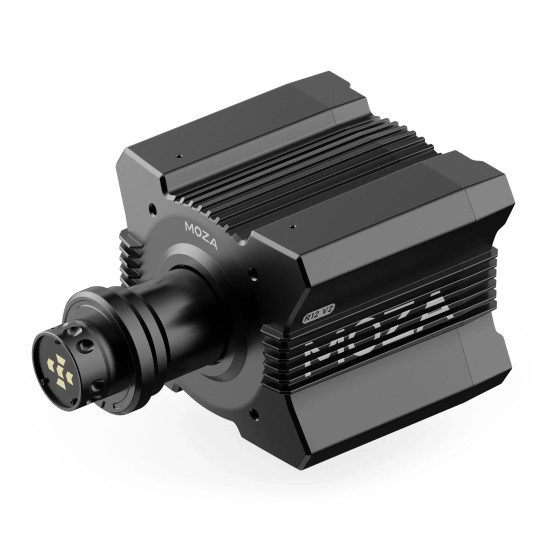MOZA R12 V2 RS081 Direct Drive Wheelbase 12 Nm MOZA R12 V2 RS081 direct drive wheelbase in black aluminium housing with ribbed cooling fins, front view